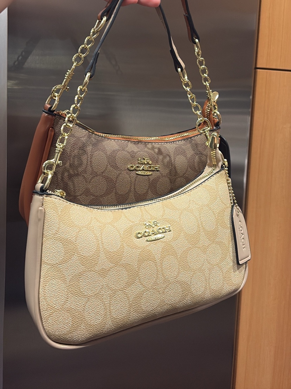 Coach Two-Piece Signature Shoulder Bag in Brown & Cream with Gold Chain